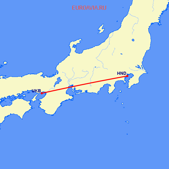 перелет Токио — Кобе на карте