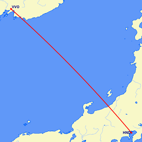 перелет Токио — Владивосток на карте