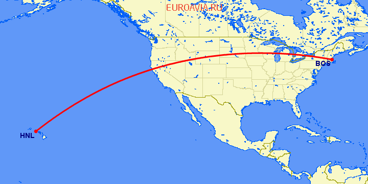 перелет Гонолулу — Бостон на карте