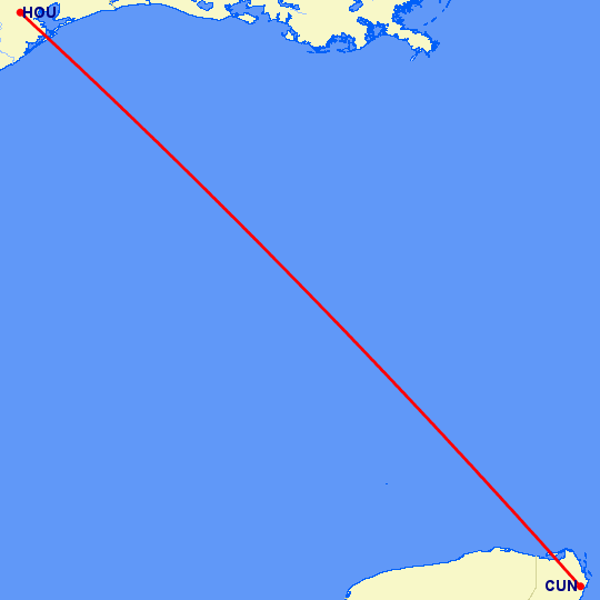 перелет Хьюстон — Канкун на карте