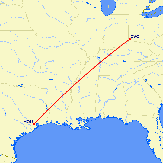 перелет Хьюстон — Кавингтон на карте