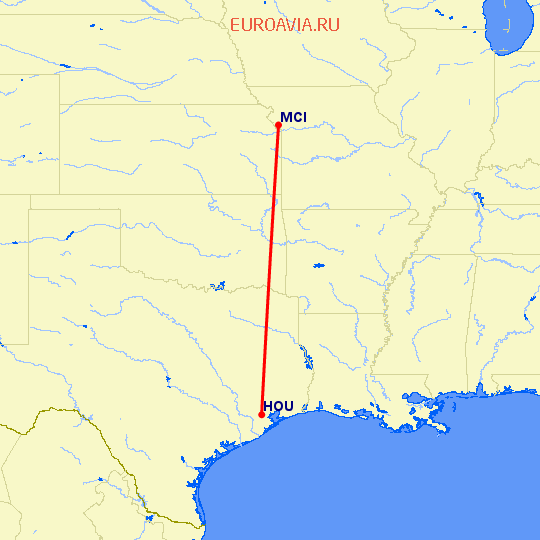 перелет Хьюстон — Канзас Сити на карте