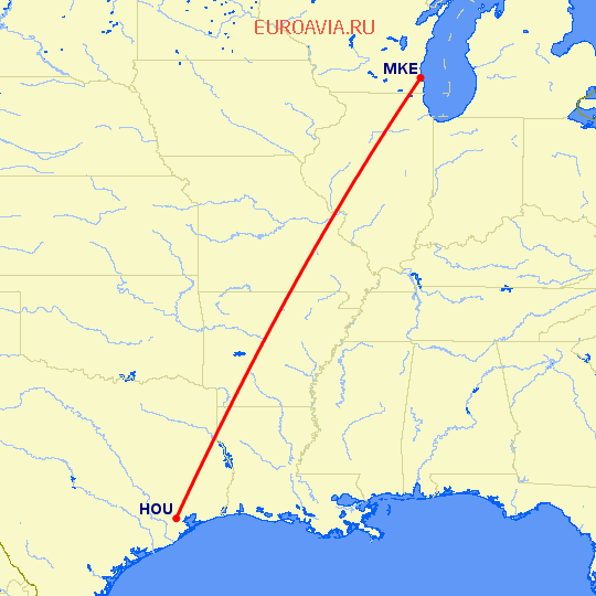 перелет Хьюстон — Милуоки на карте