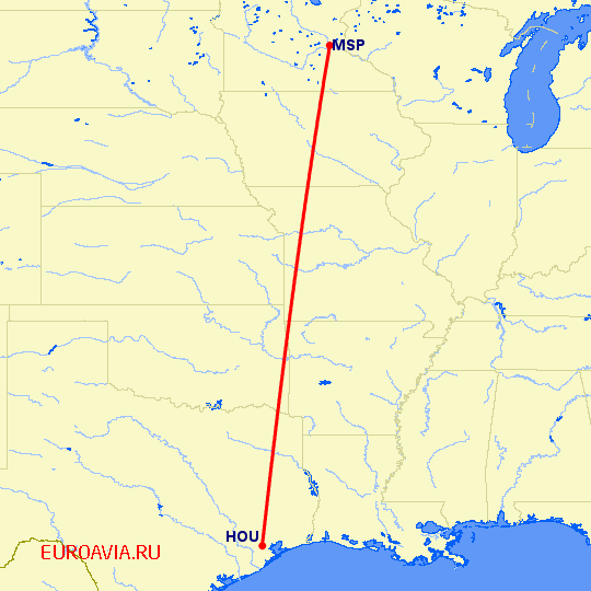 перелет Хьюстон — Миннеаполис на карте