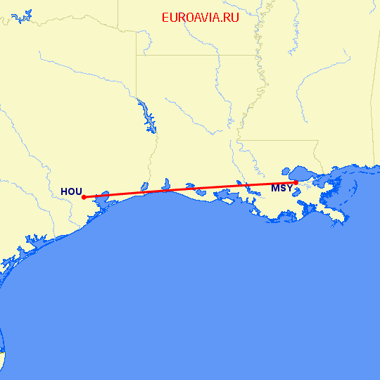 перелет Хьюстон — Новый Орлеан на карте