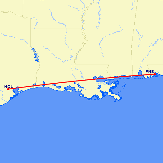 перелет Хьюстон — Pensacola на карте