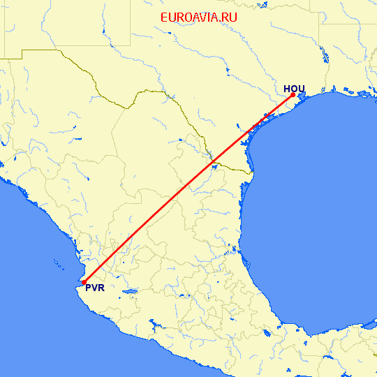 перелет Хьюстон — Пуэрто Ваярта на карте