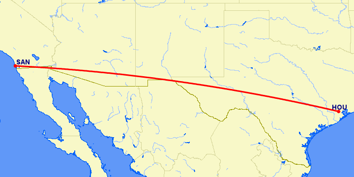перелет Хьюстон — Сан Диего на карте