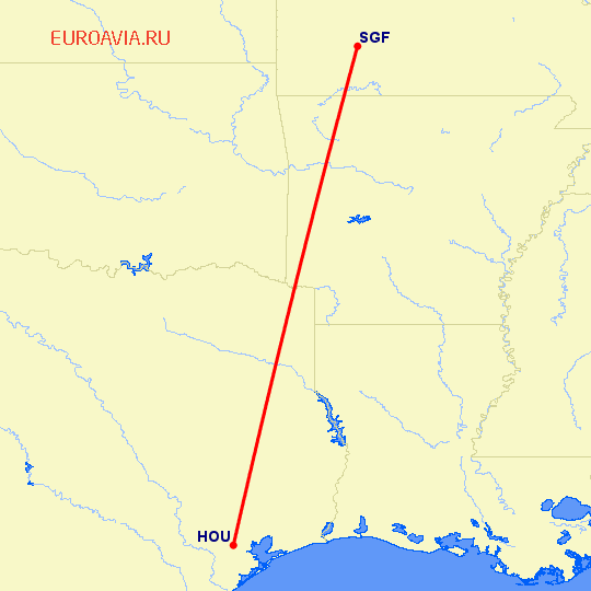 перелет Хьюстон — Спрингфилд на карте