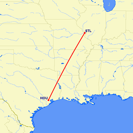 перелет Хьюстон — Сент Луис на карте