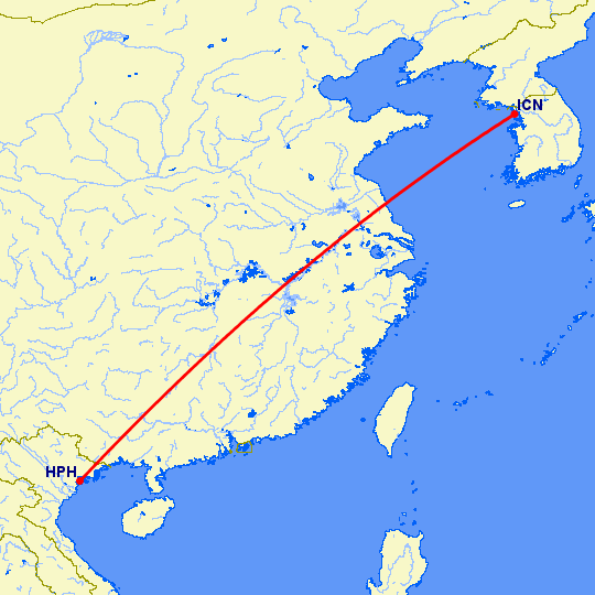 перелет Хейфонг — Сеул на карте