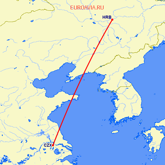 перелет Харбин — Чангзу на карте