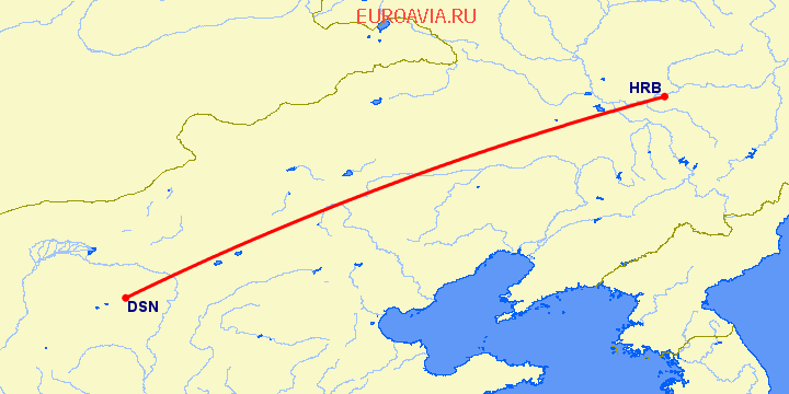 перелет Харбин — Dongsheng на карте
