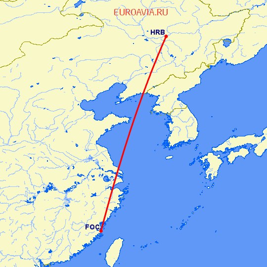 перелет Харбин — Фучжоу на карте