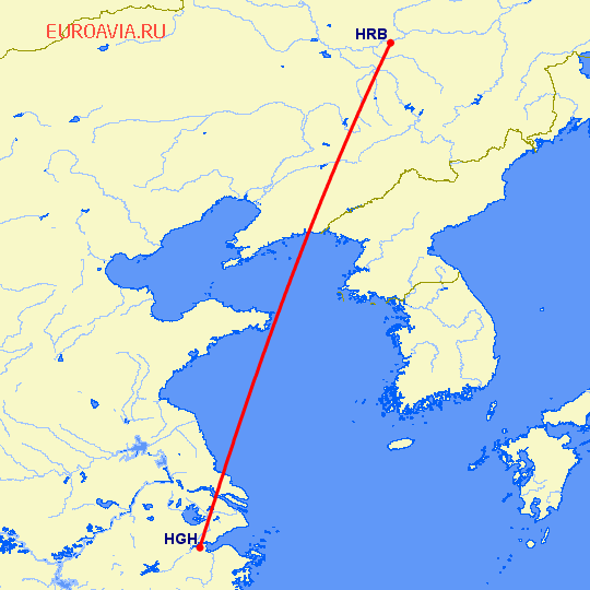перелет Харбин — Ханчжоу на карте