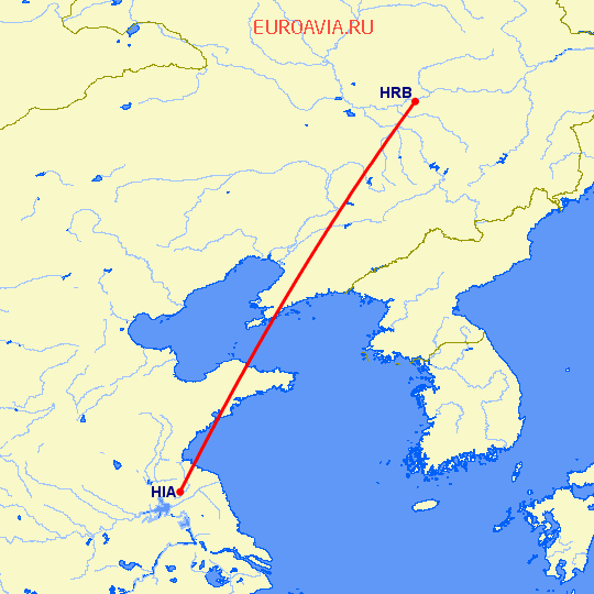 перелет Харбин — Хуайань на карте