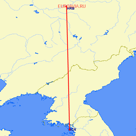 перелет Харбин — Сеул на карте