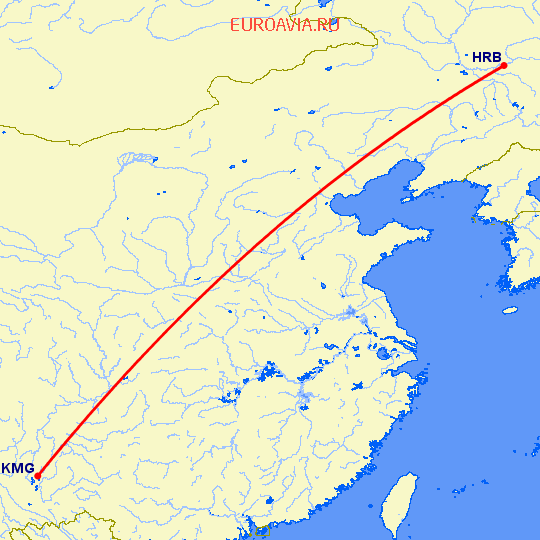 перелет Харбин — Кунминг на карте