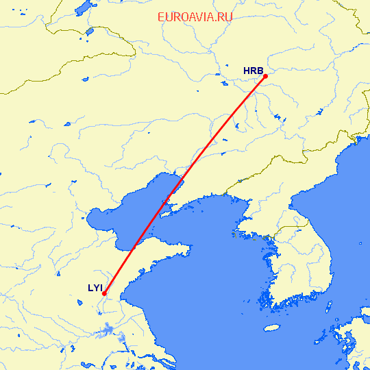 перелет Харбин — Linyi на карте