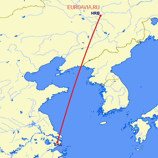 перелет Харбин — Шанхай на карте