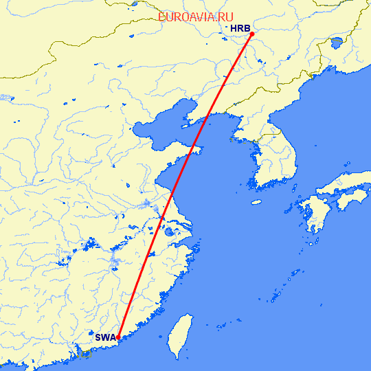 перелет Харбин — Шаньтоу на карте