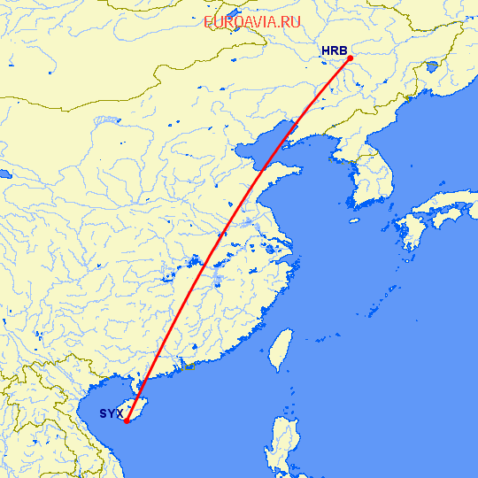 перелет Харбин — Санья на карте