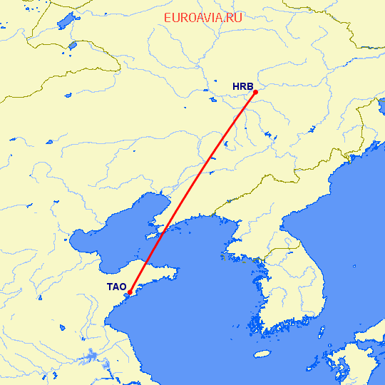 перелет Харбин — Куаньдян на карте