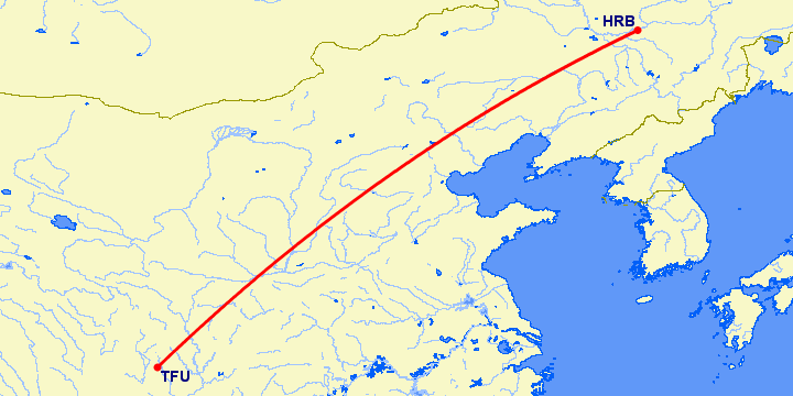 перелет Харбин — Чэнду Тяньфу на карте