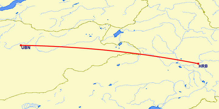 перелет Харбин — Улан Батор на карте