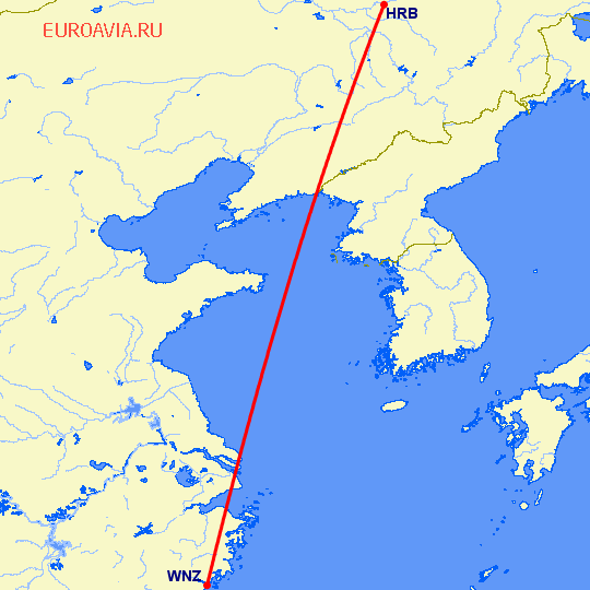 перелет Харбин — Венчжоу на карте