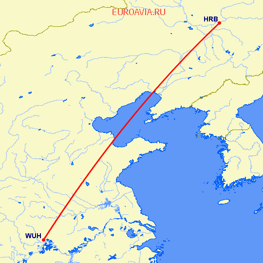 перелет Харбин — Вухан на карте