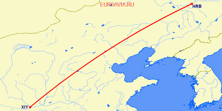 перелет Харбин — Синьян на карте