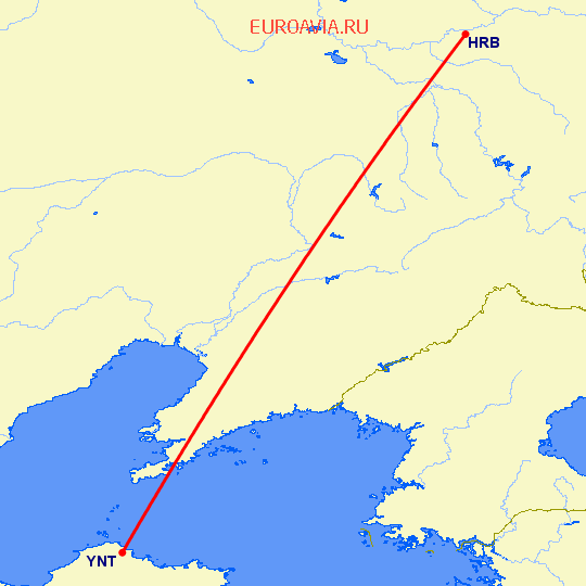 перелет Харбин — Янтай на карте