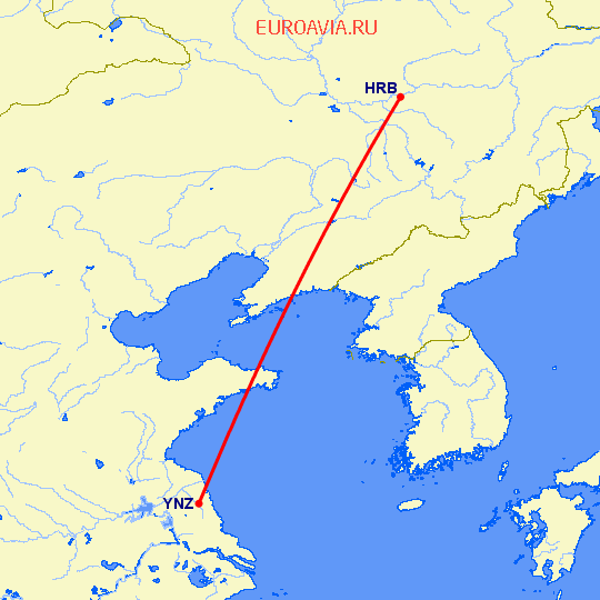 перелет Харбин — Яньчэн на карте