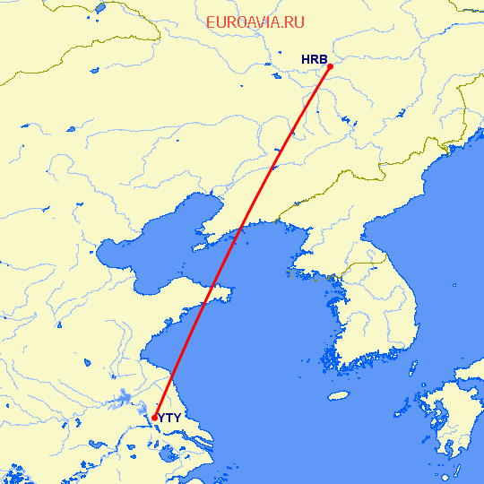 перелет Харбин — Янчжоу на карте
