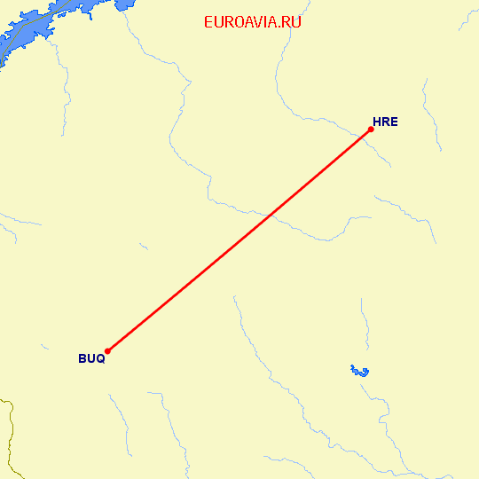 перелет Хараре — Булауайо на карте