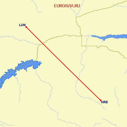 перелет Хараре — Лусака на карте