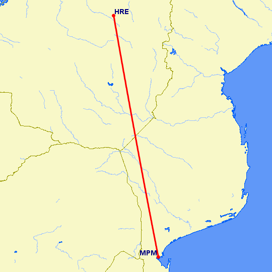 перелет Хараре — Мапуту на карте
