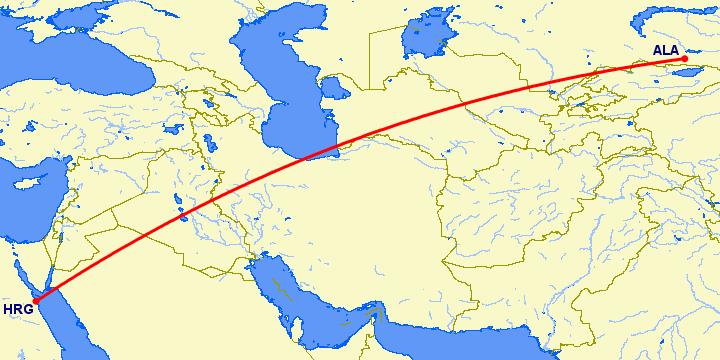 перелет Хургада — Алматы на карте