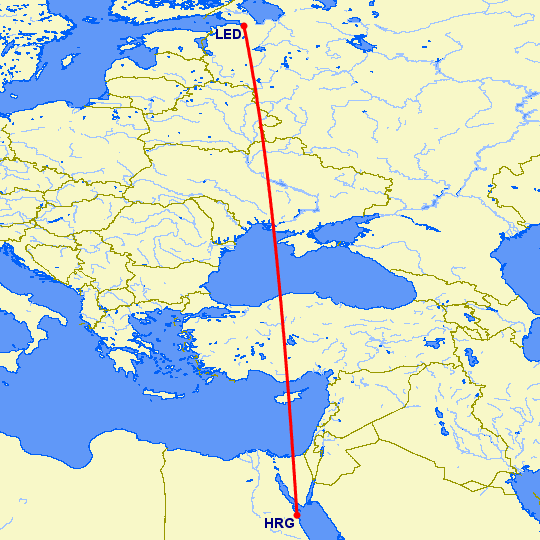 перелет Хургада — Санкт Петербург на карте