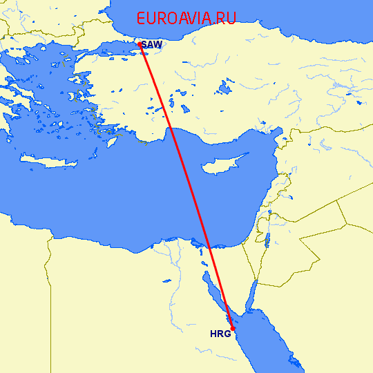 перелет Хургада — Стамбул на карте
