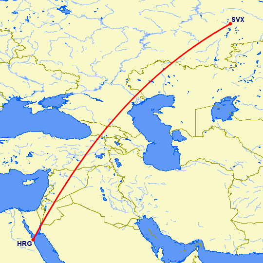 перелет Хургада — Екатеринбург на карте