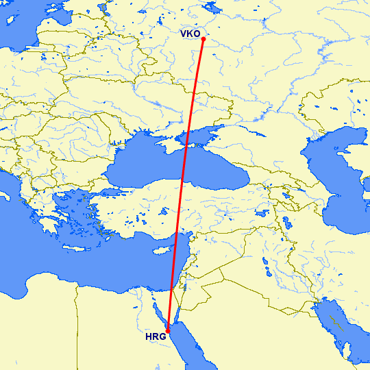 перелет Хургада — Москва на карте