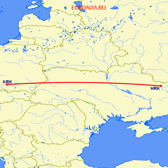 перелет Харьков — Краков на карте