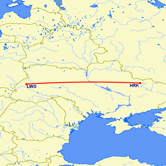перелет Харьков — Львов на карте