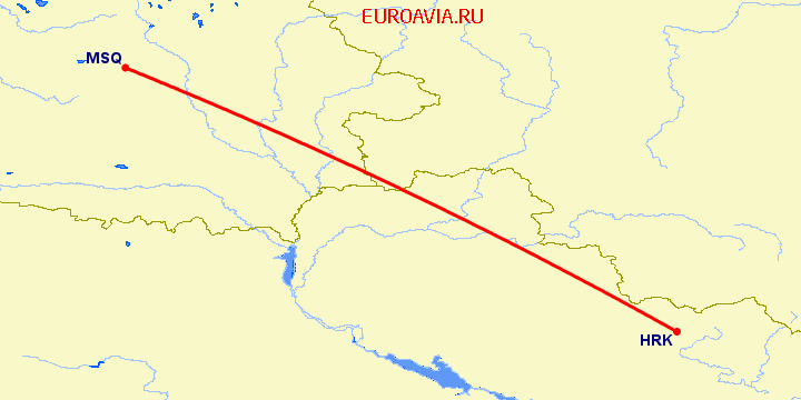 перелет Харьков — Минск на карте