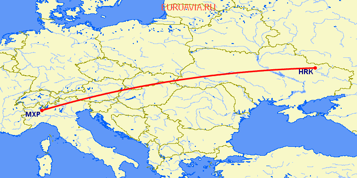 перелет Харьков — Милан на карте