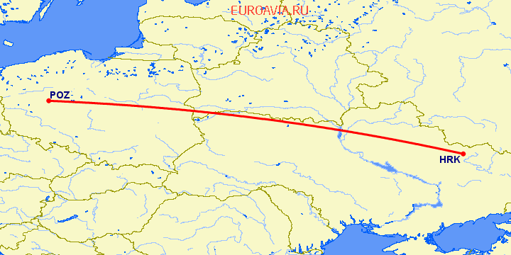 перелет Харьков — Познань на карте