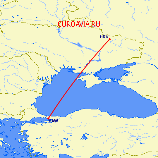 перелет Харьков — Стамбул на карте