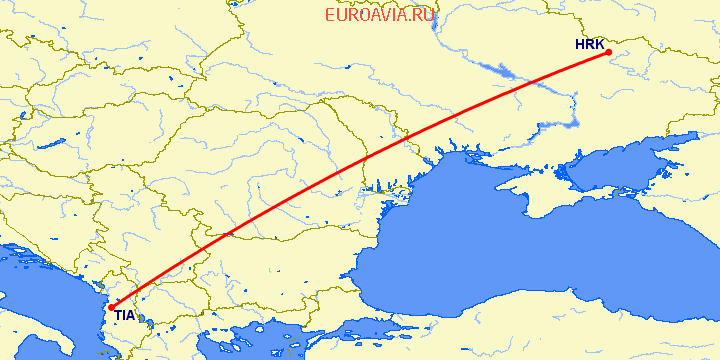 перелет Харьков — Тирана на карте